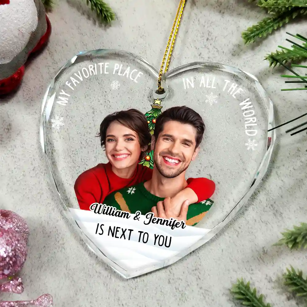 Custom Photo Christmas Couple My Favorite Place - Personalized Glass Ornament - Image 6