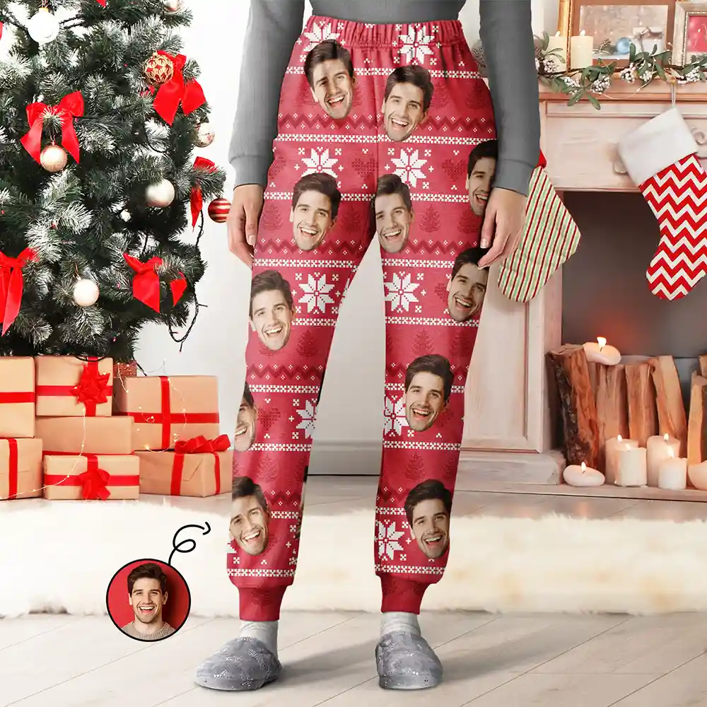 Custom Photo Christmas Couples Family Pets Face - Personalized Sweatpants - Image 2