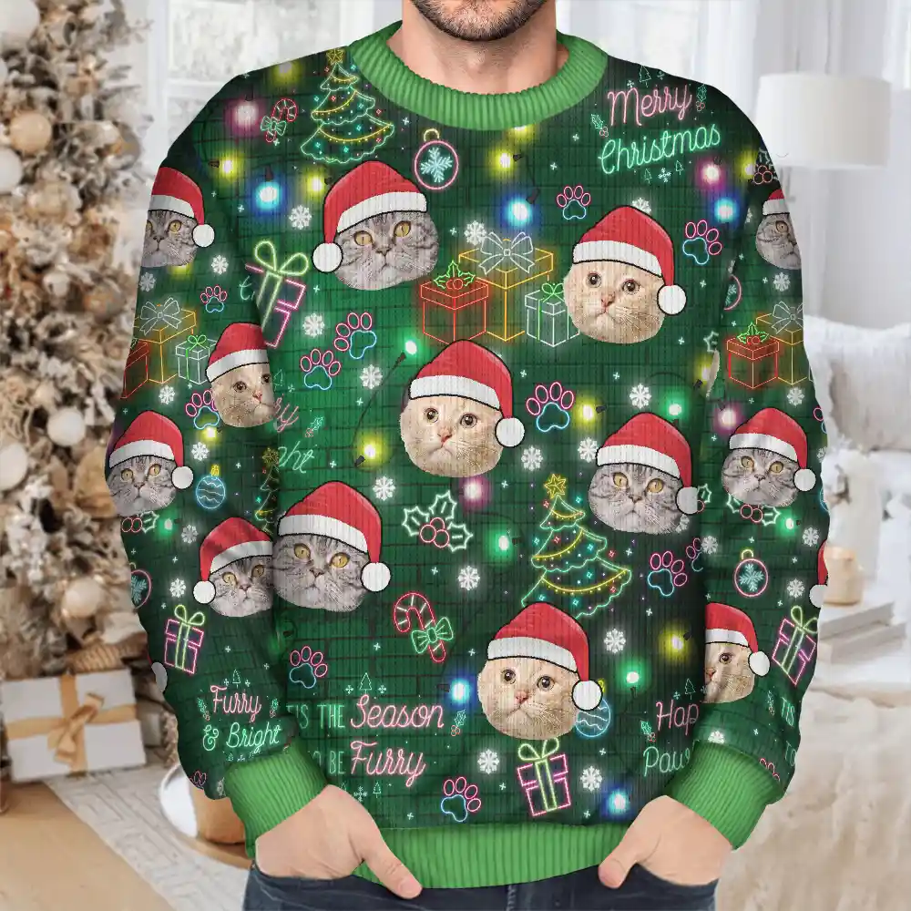 Custom Photo Christmas Dog Cat Neon Light Style - Personalized Unisex Ugly Sweater - Image 5
