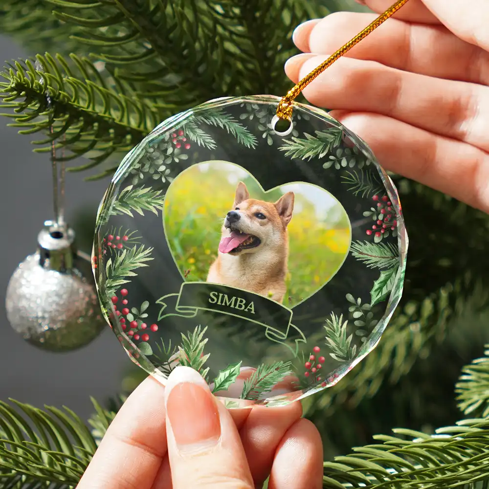 Custom Photo Christmas Dog Cat Pet Love Heart - Personalized Circle Glass Ornament - Image 2