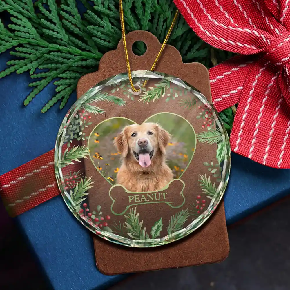 Custom Photo Christmas Dog Cat Pet Love Heart - Personalized Circle Glass Ornament - Image 5