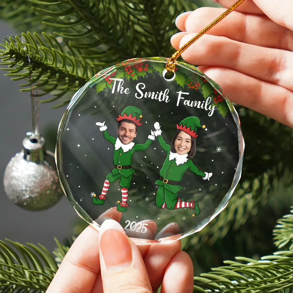 Custom Photo Christmas Family Elves - Personalized Circle Glass Ornament - Image 3
