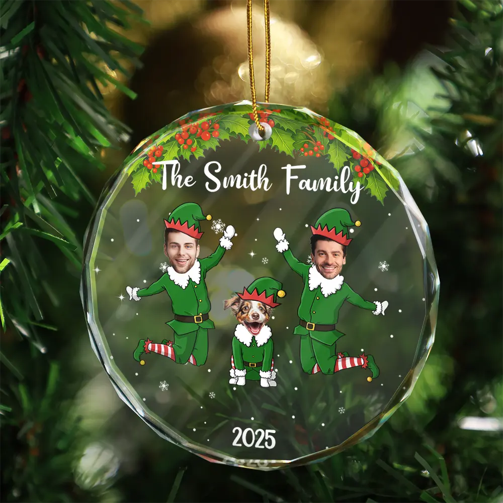 Custom Photo Christmas Family Elves - Personalized Circle Glass Ornament - Image 4