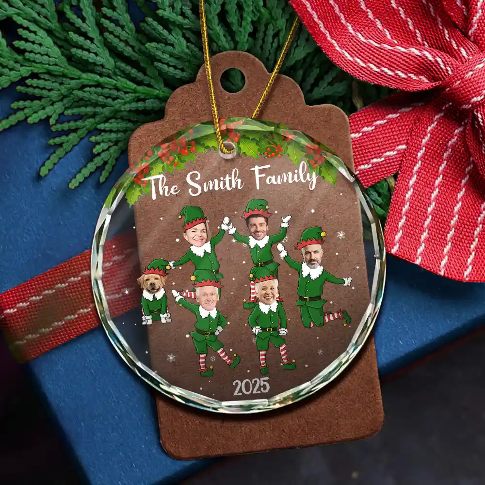 Custom Photo Christmas Family Elves - Personalized Circle Glass Ornament - Image 6