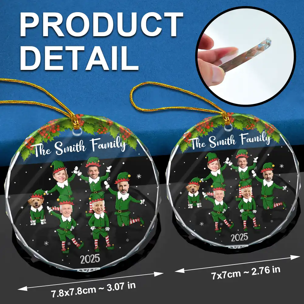 Custom Photo Christmas Family Elves - Personalized Circle Glass Ornament - Image 7