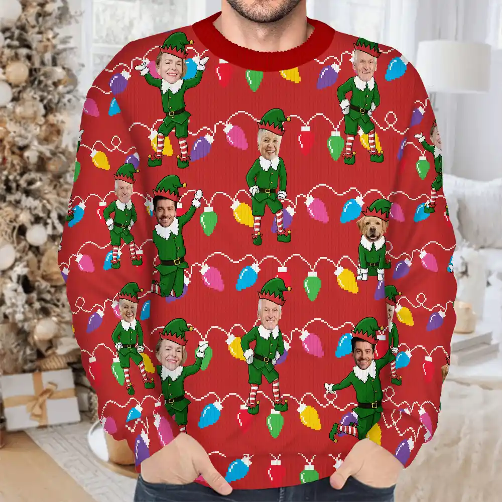 Custom Photo Christmas Family Elves - Personalized Unisex Ugly Sweater - Image 4
