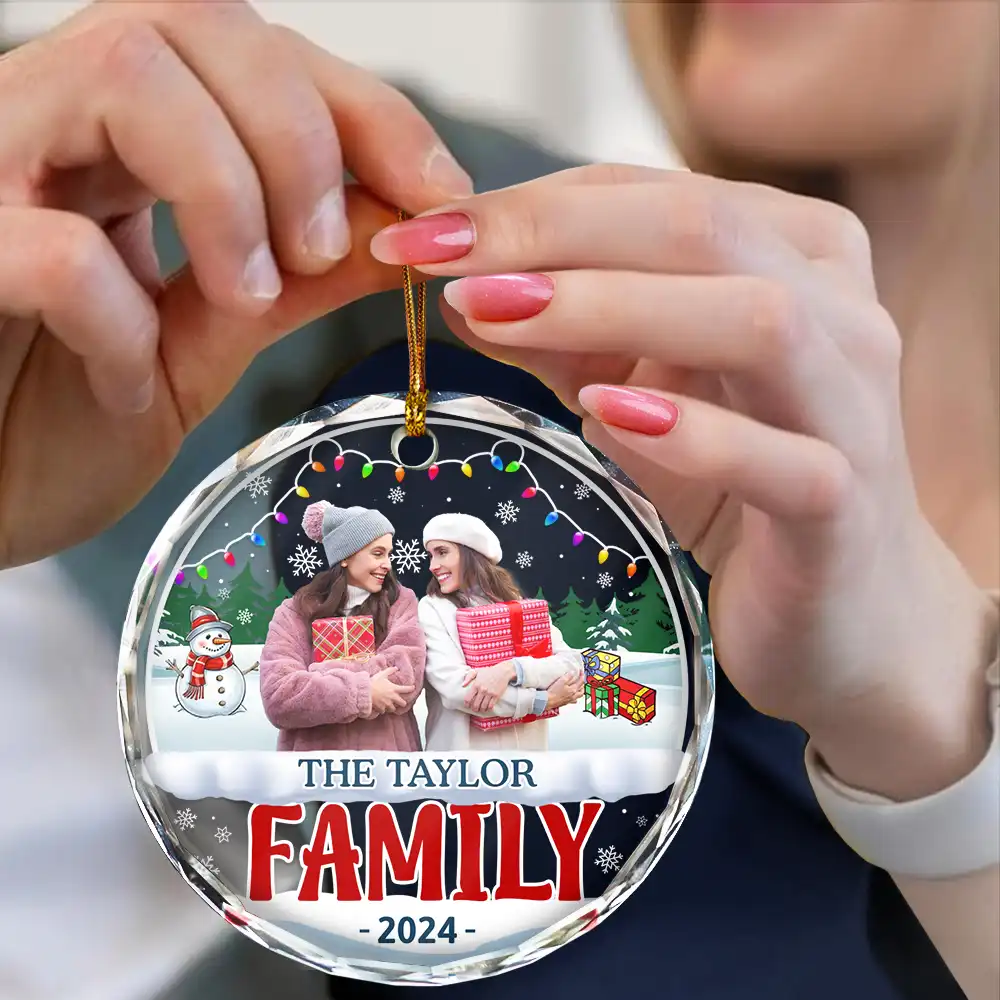 Custom Photo Christmas Family - Personalized Circle Glass Ornament - Image 5