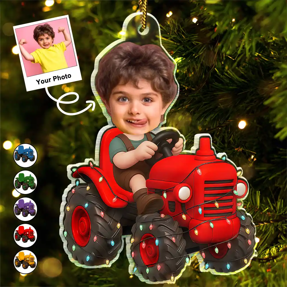 Custom Photo Christmas Kid Driving Tractor - Personalized Acrylic Photo Ornament