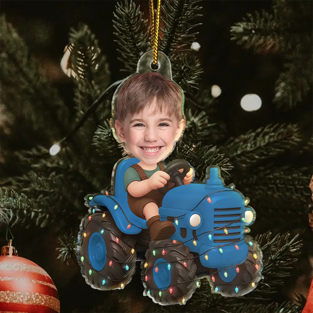 Custom Photo Christmas Kid Driving Tractor - Personalized Acrylic Photo Ornament - Image 3