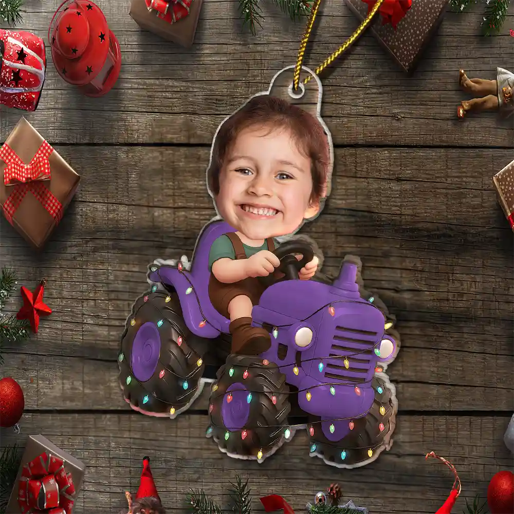 Custom Photo Christmas Kid Driving Tractor - Personalized Acrylic Photo Ornament - Image 6