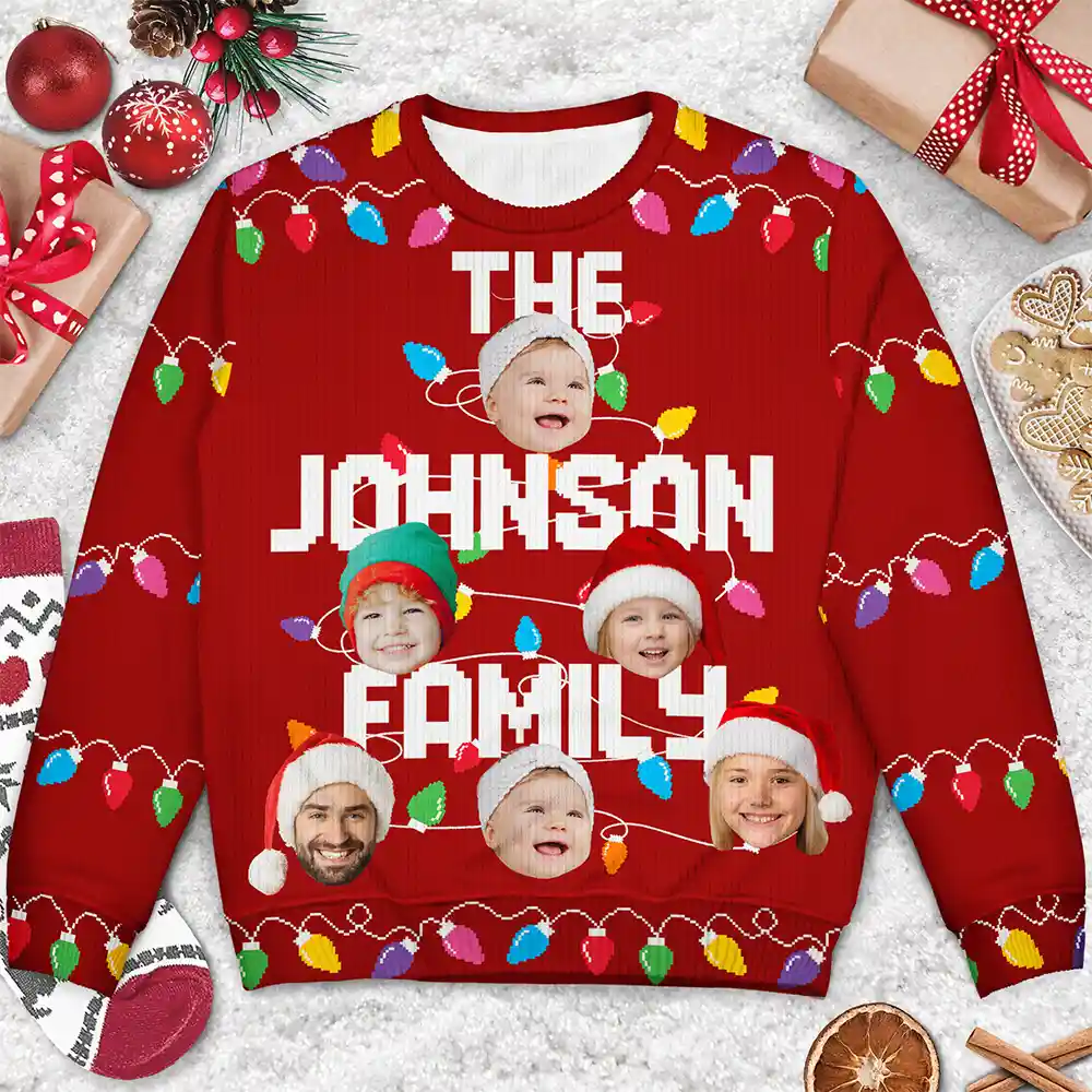 Custom Photo Christmas Light Family Name - Personalized Unisex Ugly Sweater - Image 4