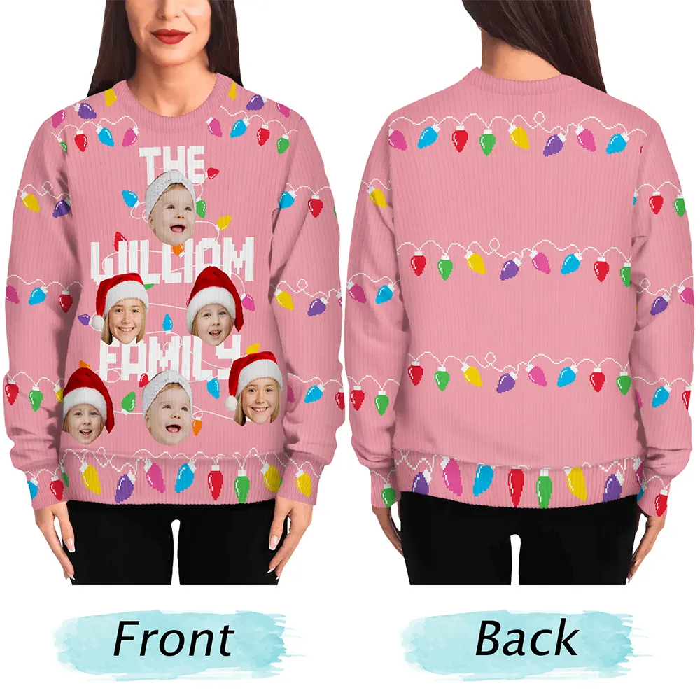 Custom Photo Christmas Light Family Name - Personalized Unisex Ugly Sweater - Image 6