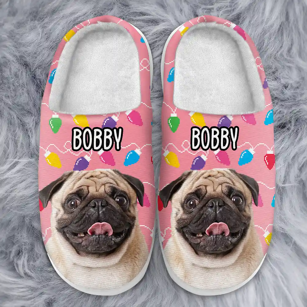 Custom Photo Christmas Light Pet Face - Personalized Fluffy Slipper - Image 4