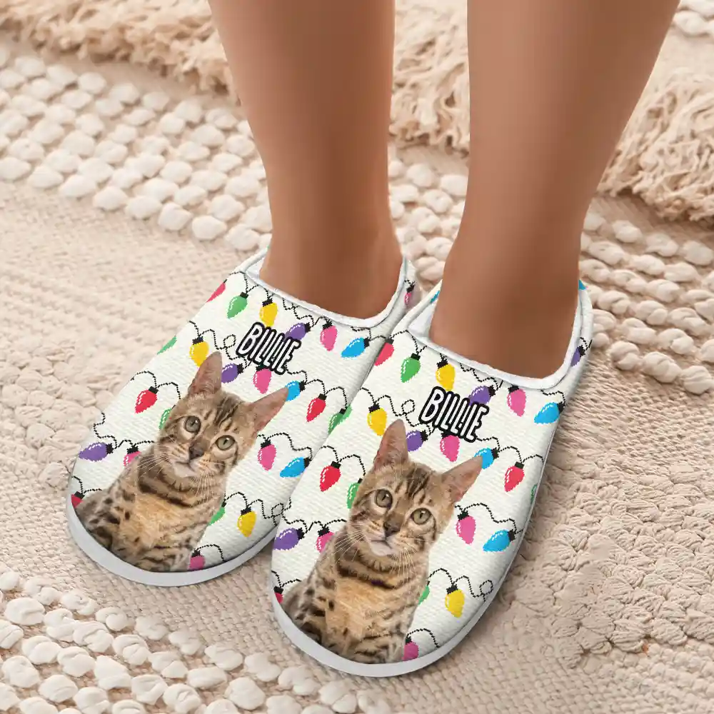 Custom Photo Christmas Light Pet Face - Personalized Fluffy Slipper - Image 6