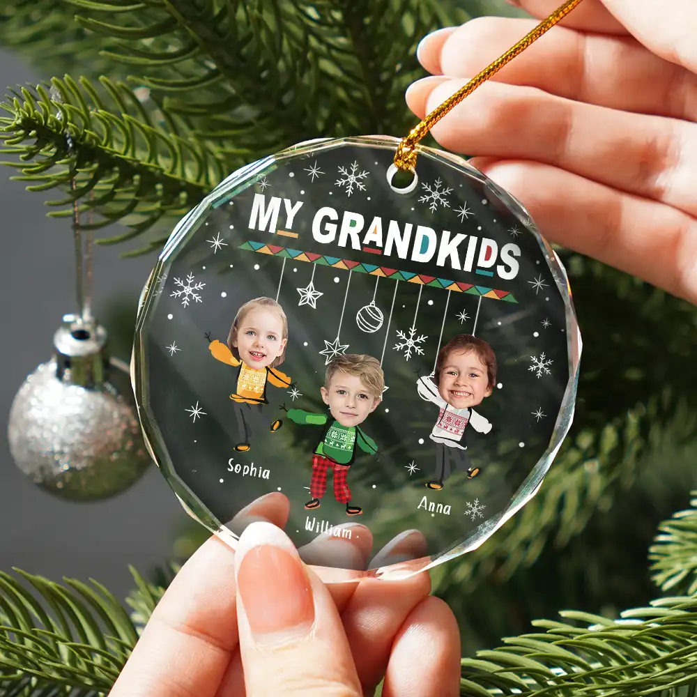 Custom Photo Christmas My Grandkids - Personalized Circle Glass Ornament - Image 3