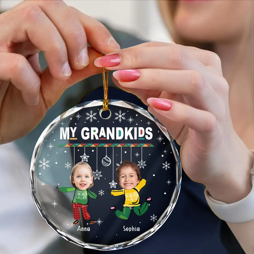 Custom Photo Christmas My Grandkids - Personalized Circle Glass Ornament - Image 5