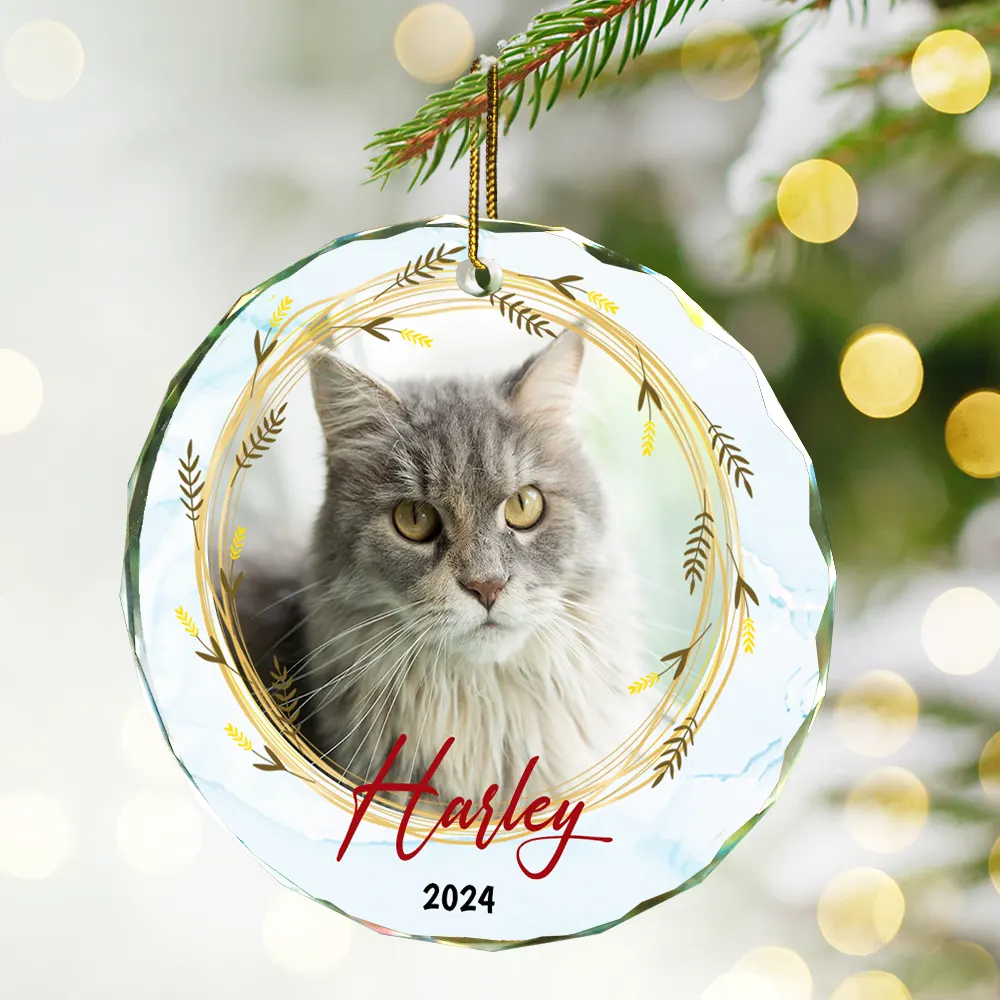 Custom Photo Christmas Pet Memorial Pet First Christmas - Personalized Circle Glass Ornament - Image 2