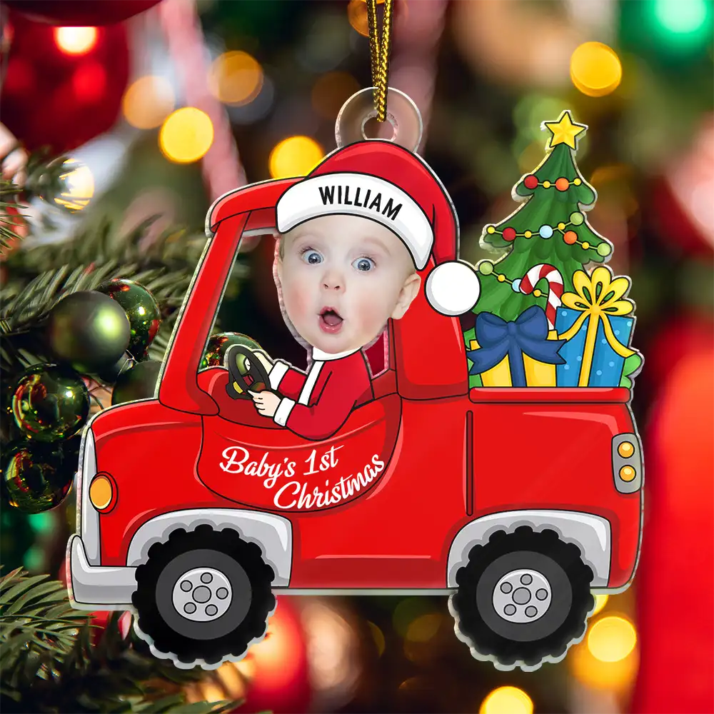 Custom Photo Christmas Red Truck Baby - Personalized Cutout Acrylic Ornament - Image 6