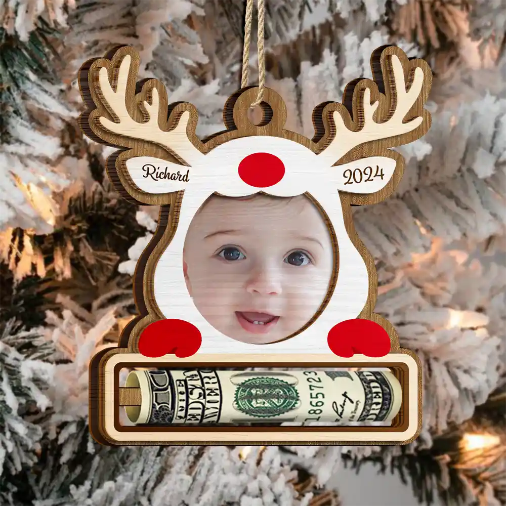Custom Photo Christmas Reindeer - Personalized 2-Layered Wooden Ornament, Money Holder Ornament - Image 4