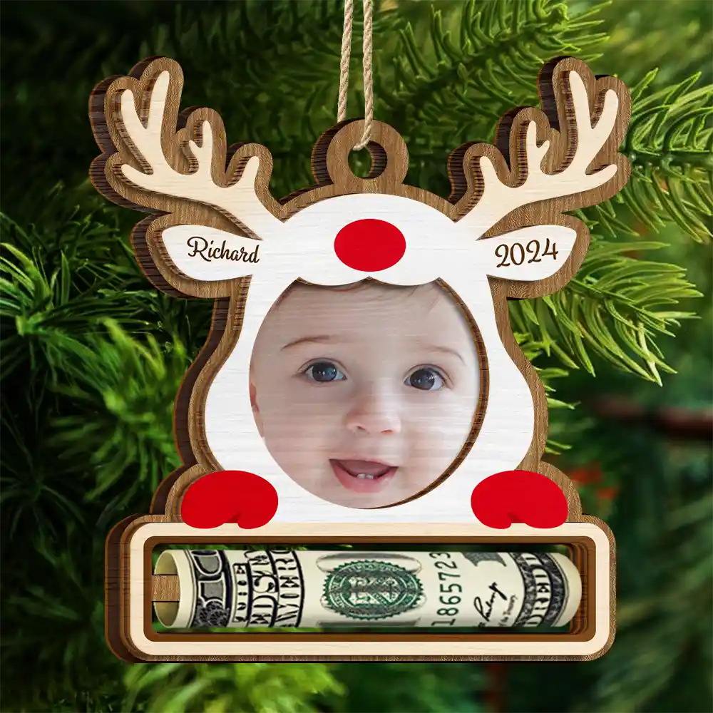 Custom Photo Christmas Reindeer - Personalized 2-Layered Wooden Ornament, Money Holder Ornament - Image 5