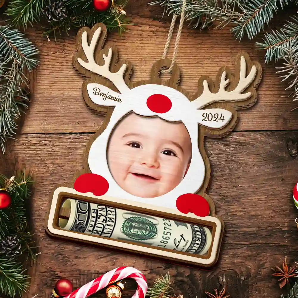 Custom Photo Christmas Reindeer - Personalized 2-Layered Wooden Ornament, Money Holder Ornament - Image 6