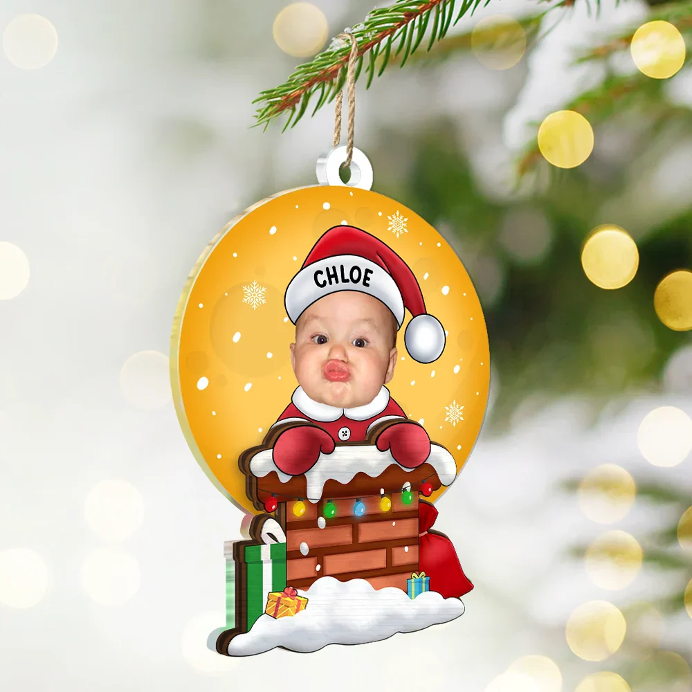 Custom Photo Christmas Santa Baby Down The Chimney - Personalized 2-Layered Mix Ornament - Image 3