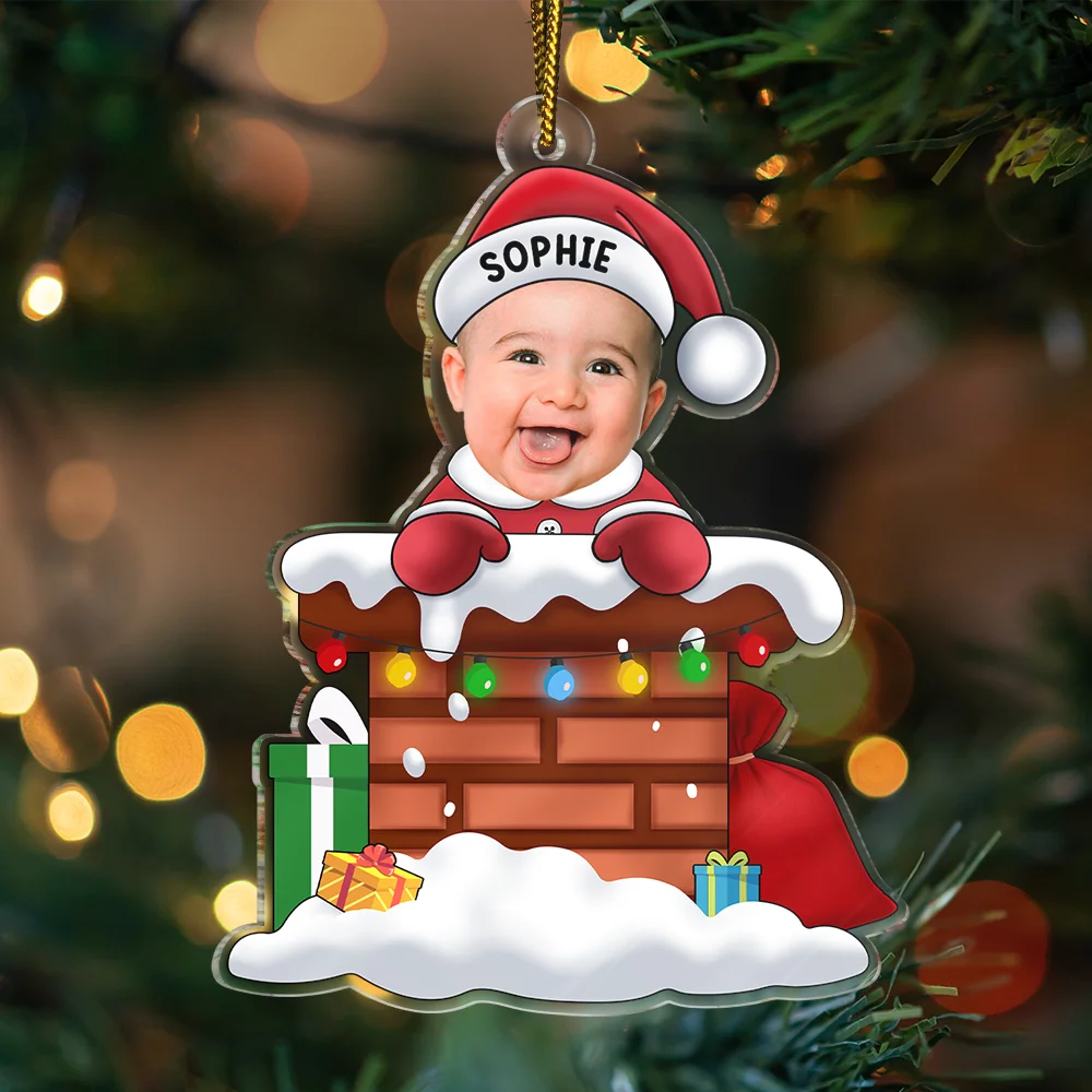 Custom Photo Christmas Santa Baby Down The Chimney - Personalized Cutout Acrylic Ornament - Image 4