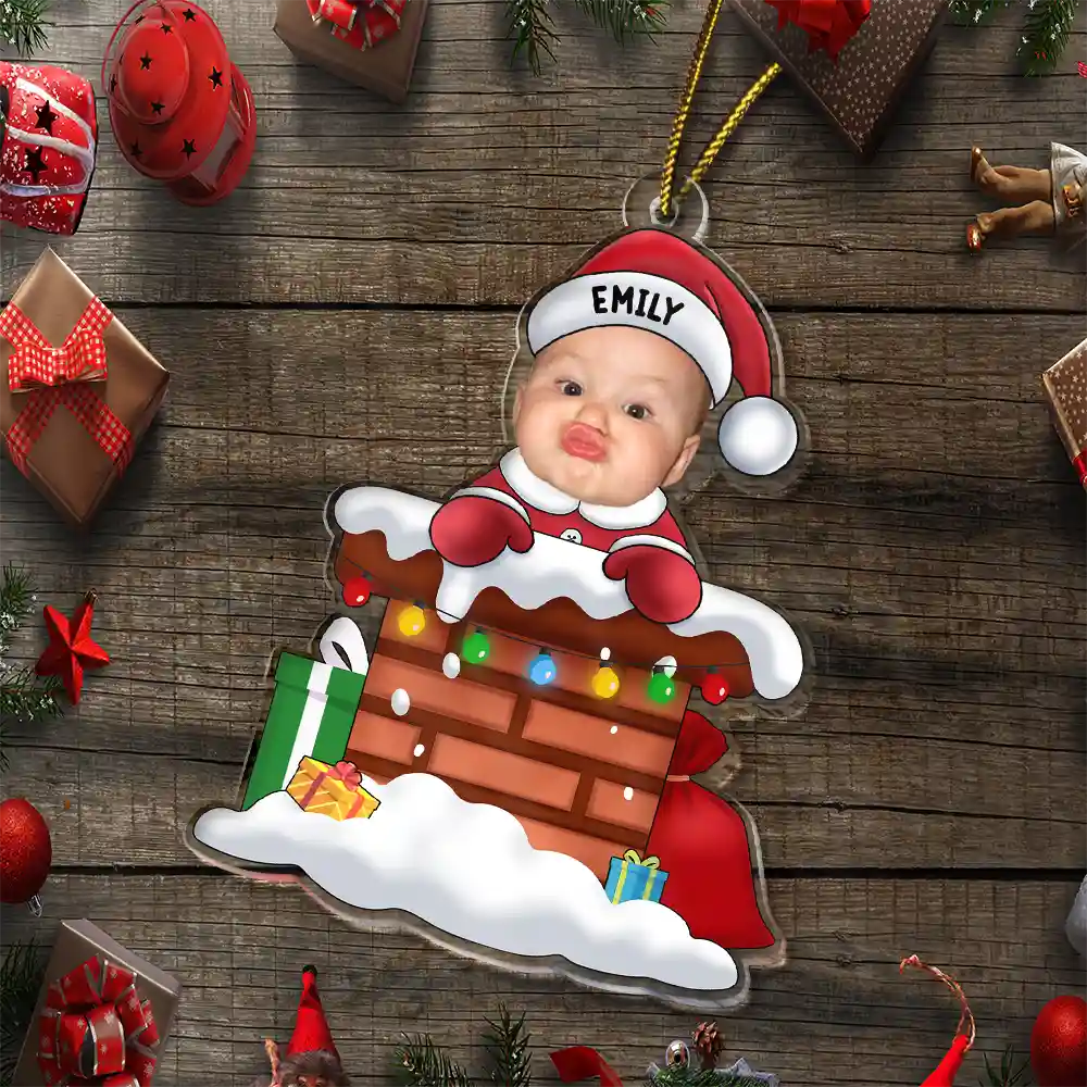 Custom Photo Christmas Santa Baby Down The Chimney - Personalized Cutout Acrylic Ornament - Image 7
