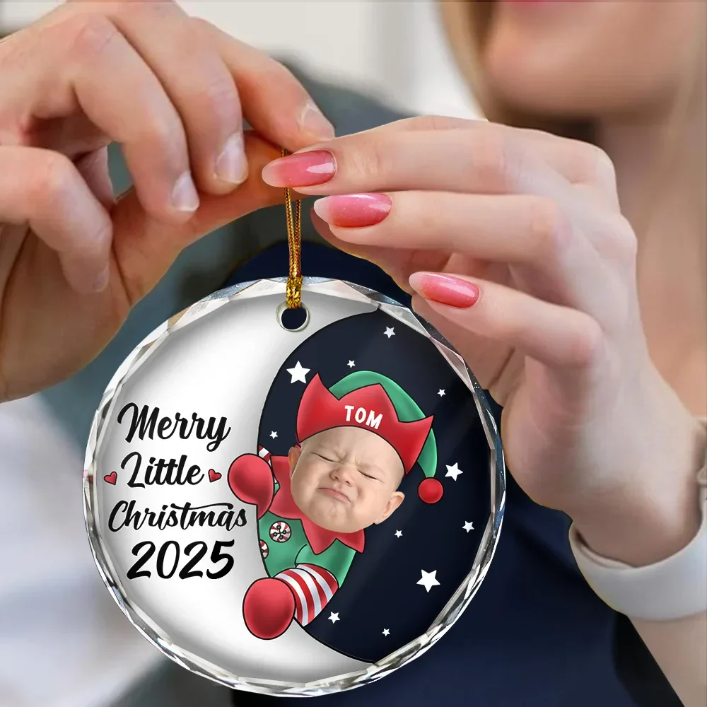 Custom Photo Christmas Santa Baby - Personalized Circle Glass Ornament - Image 5