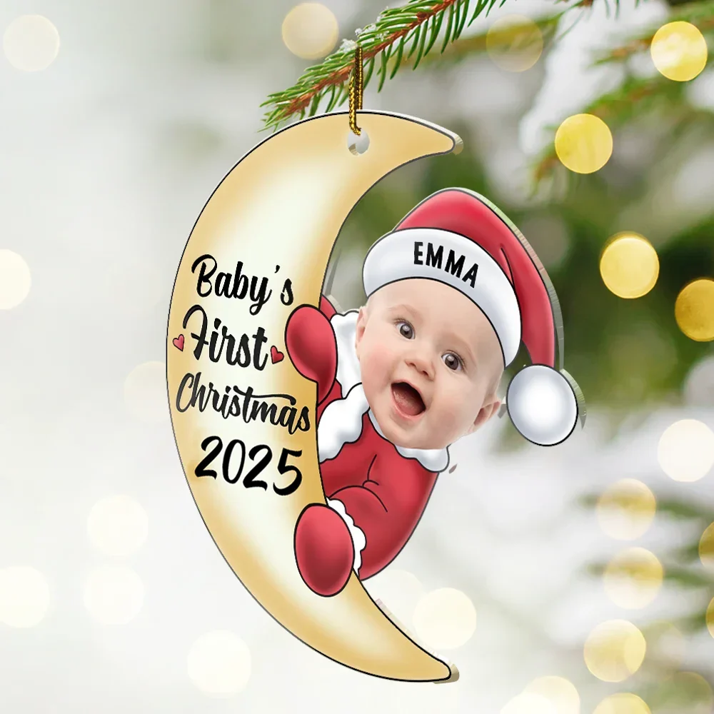 Custom Photo Christmas Santa Baby On The Moon - Personalized Cutout Acrylic Ornament - Image 3