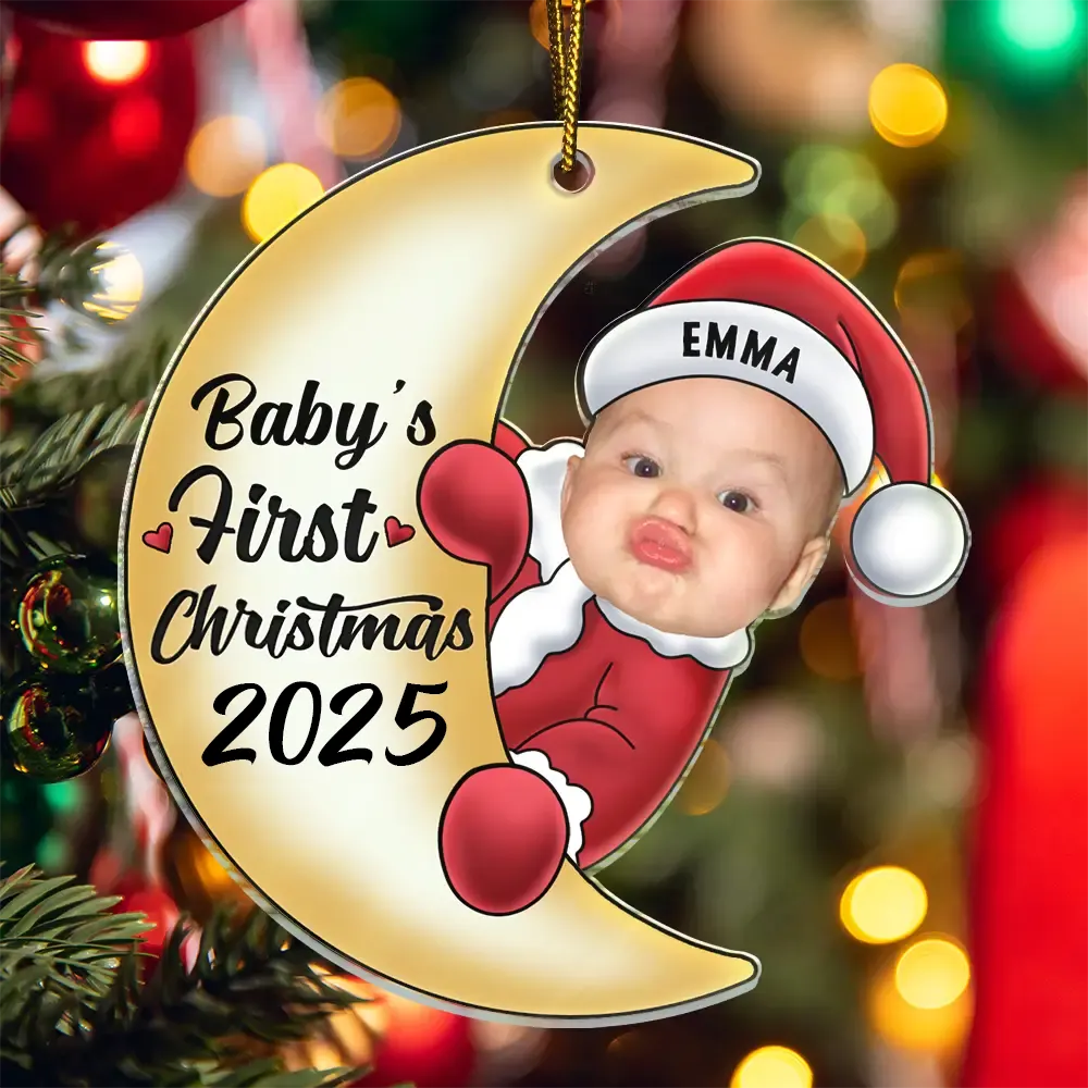 Custom Photo Christmas Santa Baby On The Moon - Personalized Cutout Acrylic Ornament - Image 6