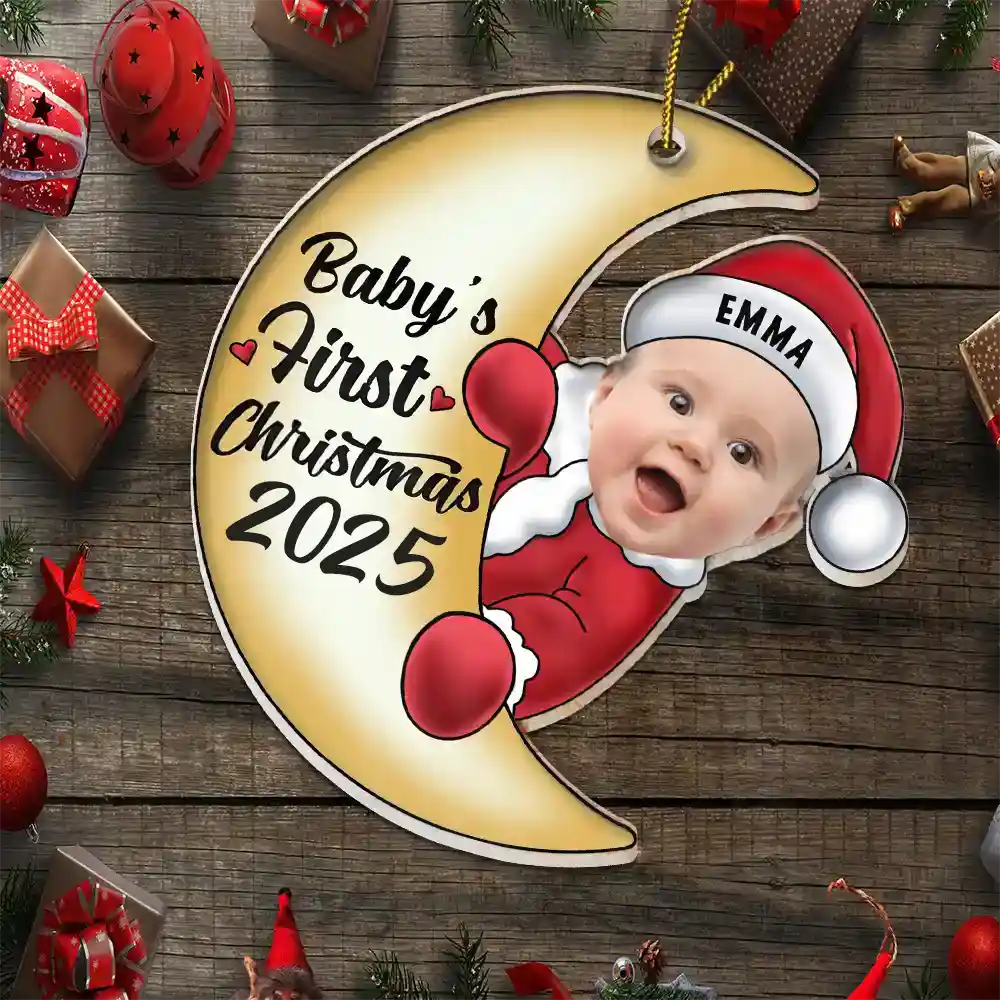 Custom Photo Christmas Santa Baby On The Moon - Personalized Cutout Acrylic Ornament - Image 7