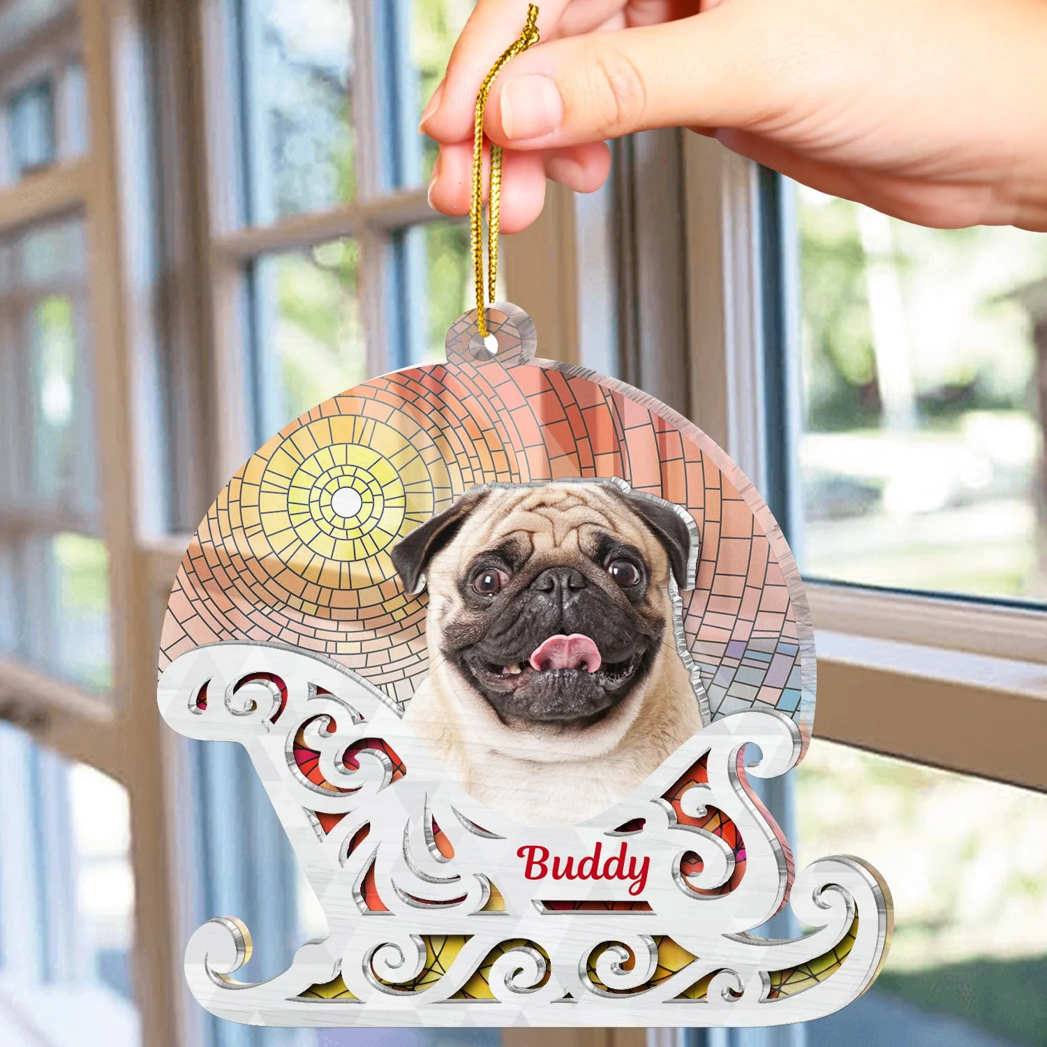Custom Photo Christmas Sleigh With Dog, Cat Or Person - Christmas, Funny Gift For Pet Lovers, Couples, Family, Friends - Personalized 2-Layered Acrylic Suncatcher Ornament - Image 5
