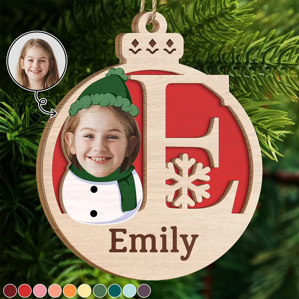 Custom Photo Christmas Snowman Monogram - Personalized 2-Layered Wooden Ornament