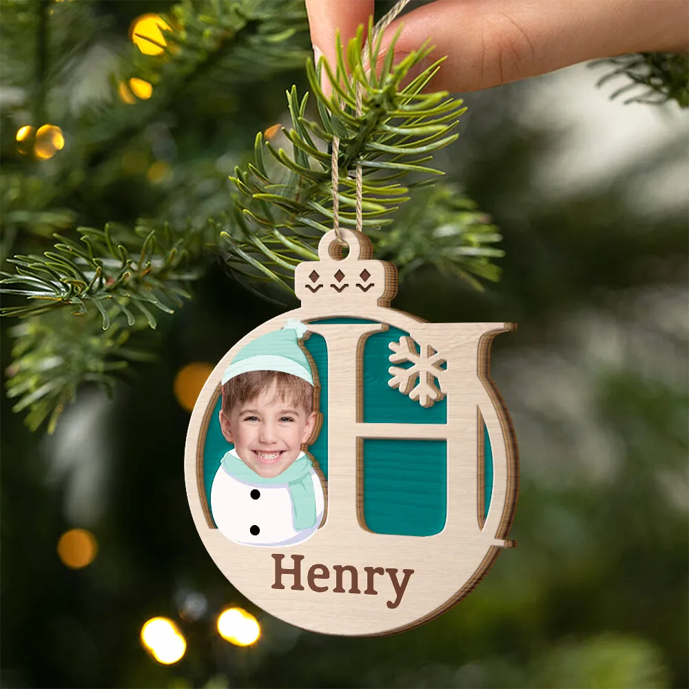 Custom Photo Christmas Snowman Monogram - Personalized 2-Layered Wooden Ornament - Image 3