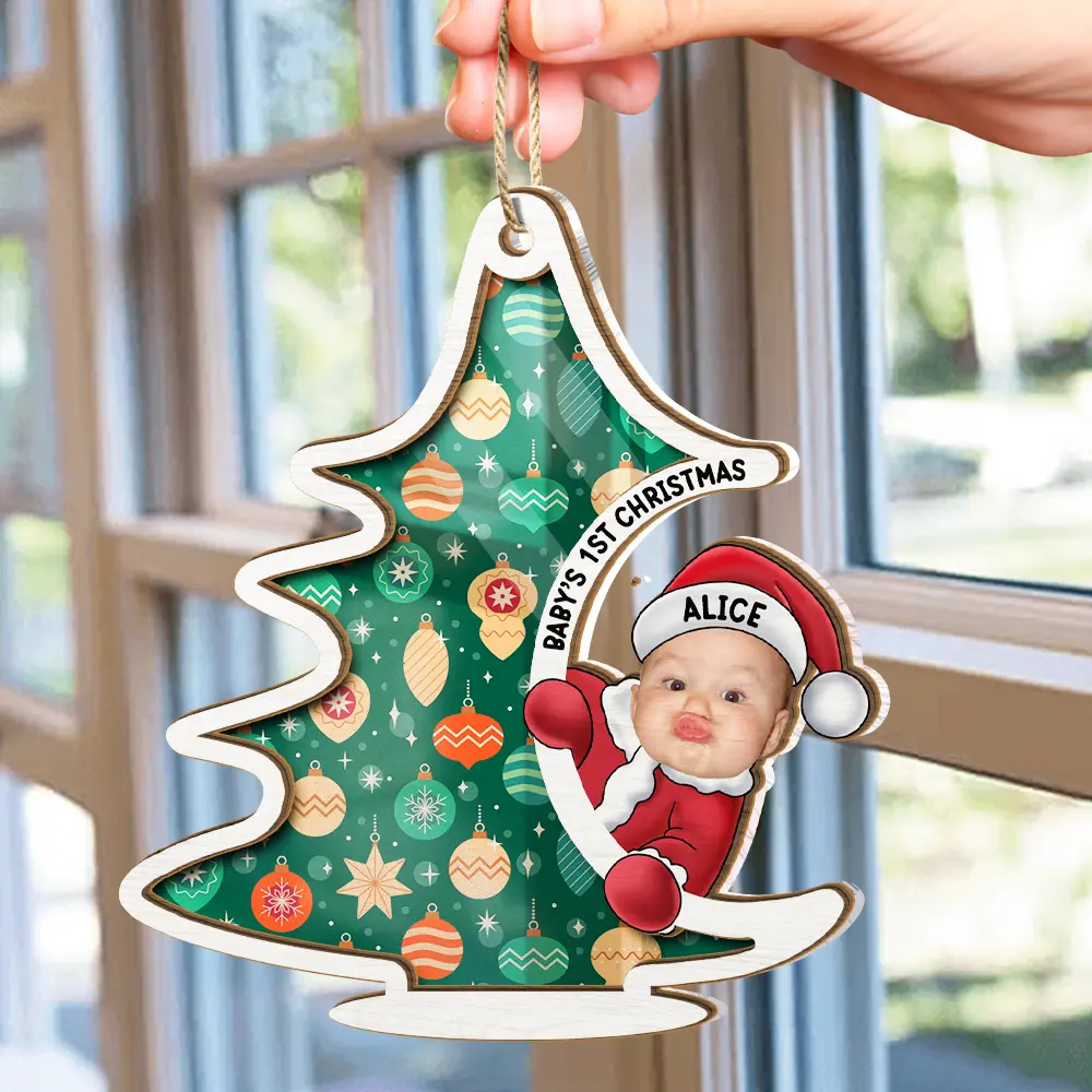 Custom Photo Christmas Tree Baby Santa - Personalized Suncatcher Ornament - Image 5