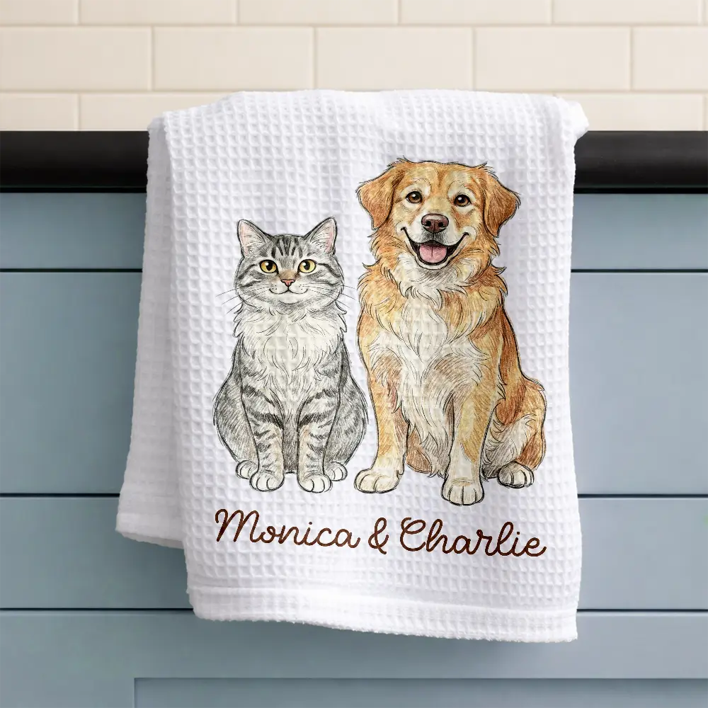 Custom Photo Colored Pencil Sketch Funny Dog Cat Pet - Personalized Kitchen Towel - Image 4