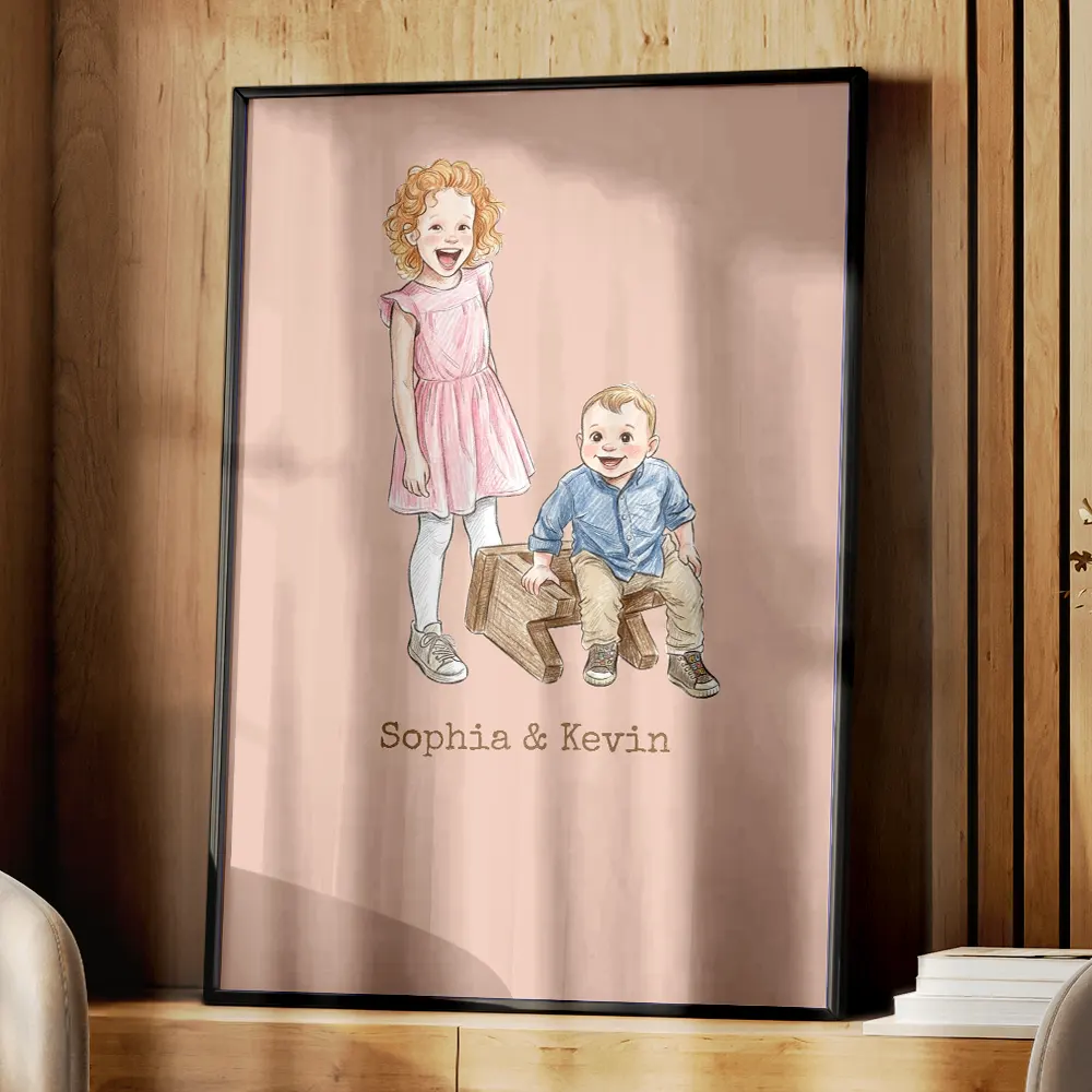 Custom Photo Colored Pencil Sketch Happy Family Dad Mom Kid Pet - Personalized Poster - Image 5