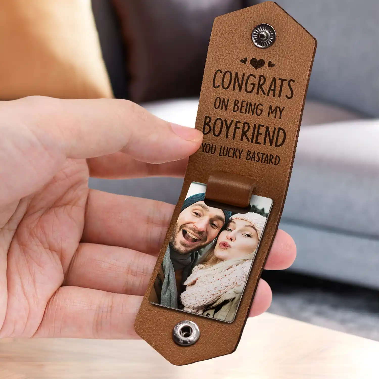 Custom Photo Congrats On Being My Husband - Anniversary Gift For Spouse, Lover, Couple - Personalized Leather Photo Keychain - Image 3