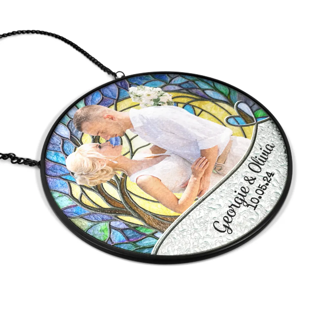 Custom Photo Couple Bride And Groom - Personalized Stained Glass Window Hanging Suncatcher - Image 3