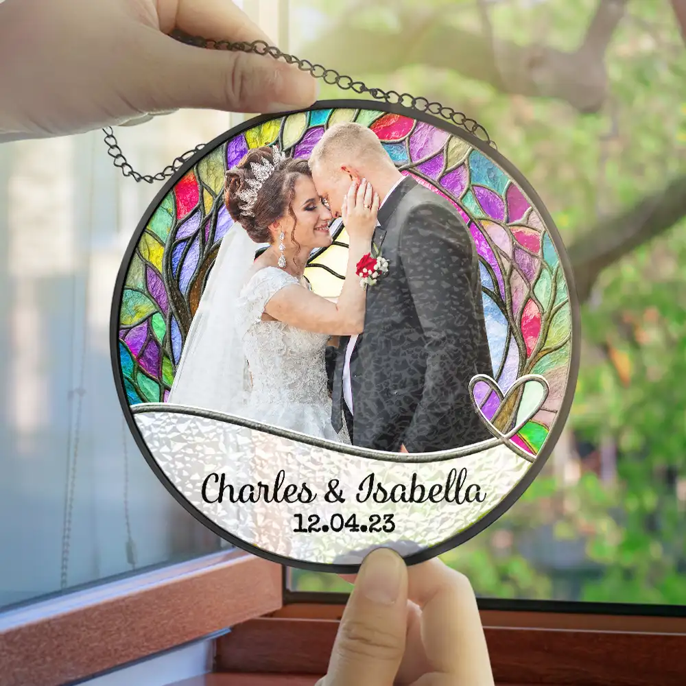 Custom Photo Couple Bride And Groom - Personalized Stained Glass Window Hanging Suncatcher - Image 5