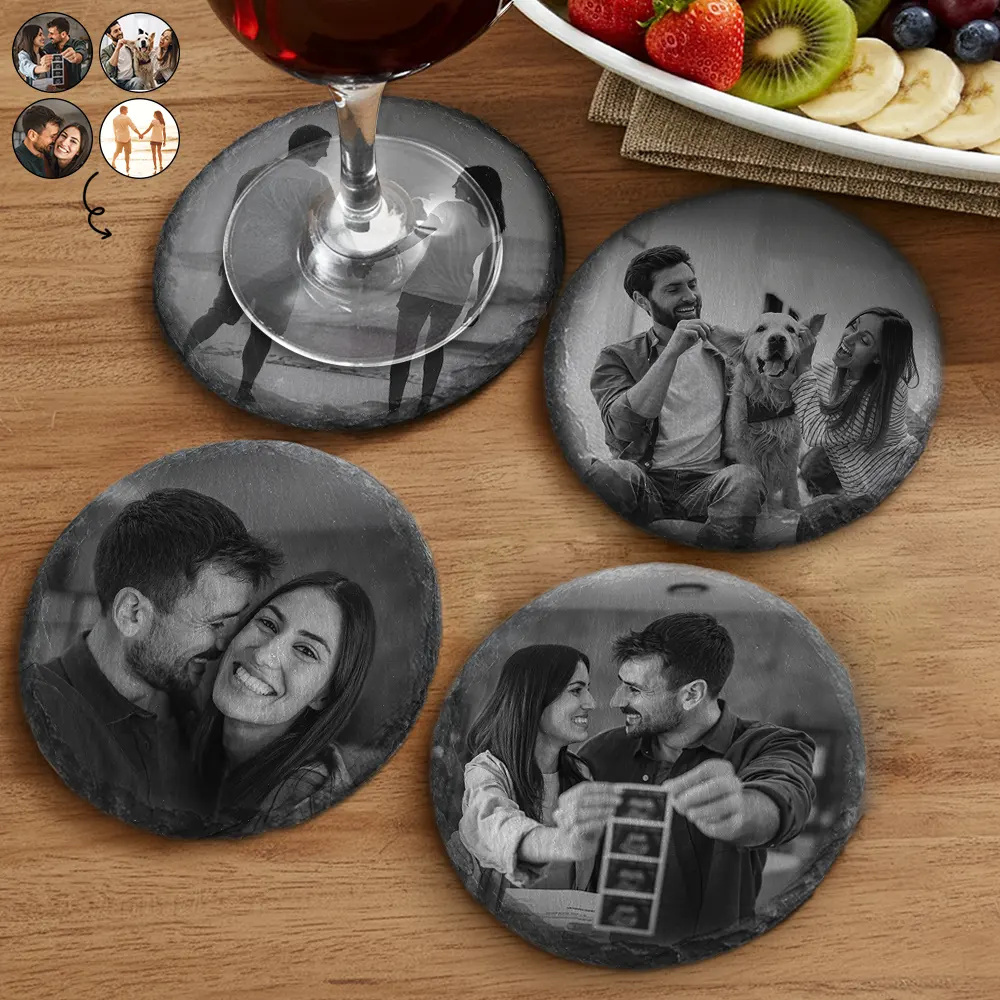 Custom Photo Couple Kid Bestie Family Pet - Personalized Slate Coaster