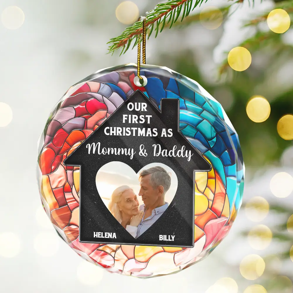Custom Photo Couple Our First Christmas In Our New Home - Stained Effect Printed, Personalized Circle Glass Ornament - Image 2