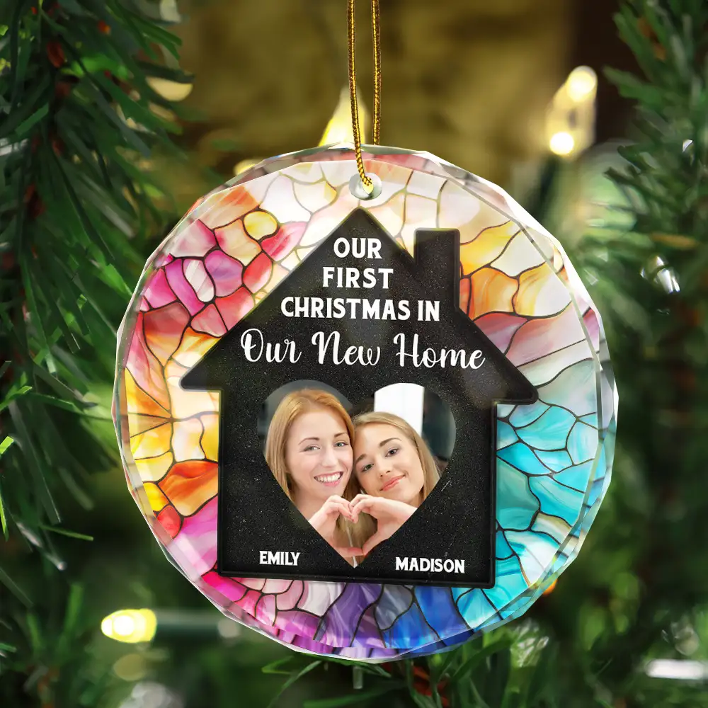 Custom Photo Couple Our First Christmas In Our New Home - Stained Effect Printed, Personalized Circle Glass Ornament - Image 3
