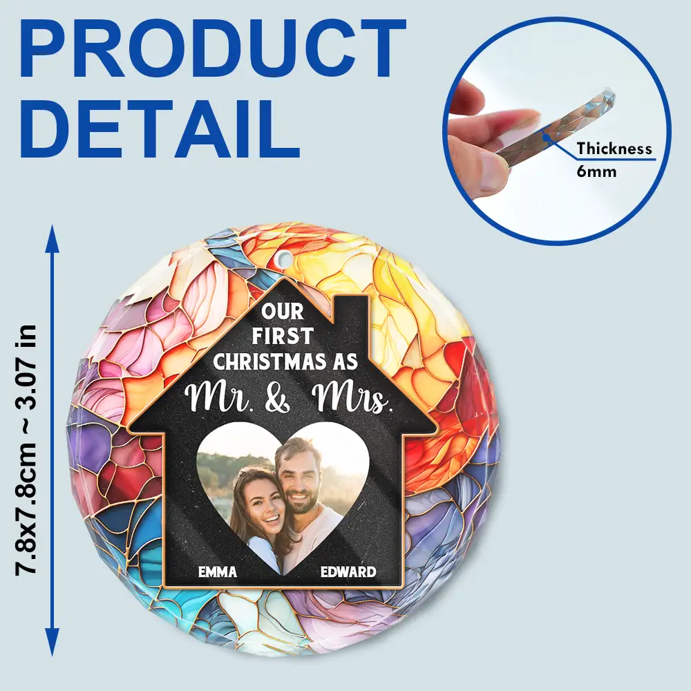 Custom Photo Couple Our First Christmas In Our New Home - Stained Effect Printed, Personalized Circle Glass Ornament - Image 6