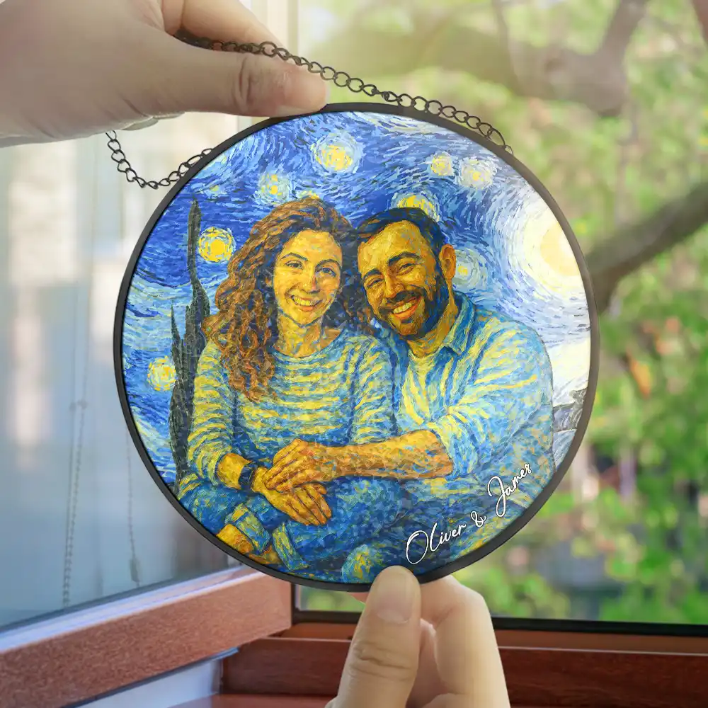 Custom Photo Couple Under The Starry Night - Personalized Stained Glass Window Hanging Suncatcher - Image 5