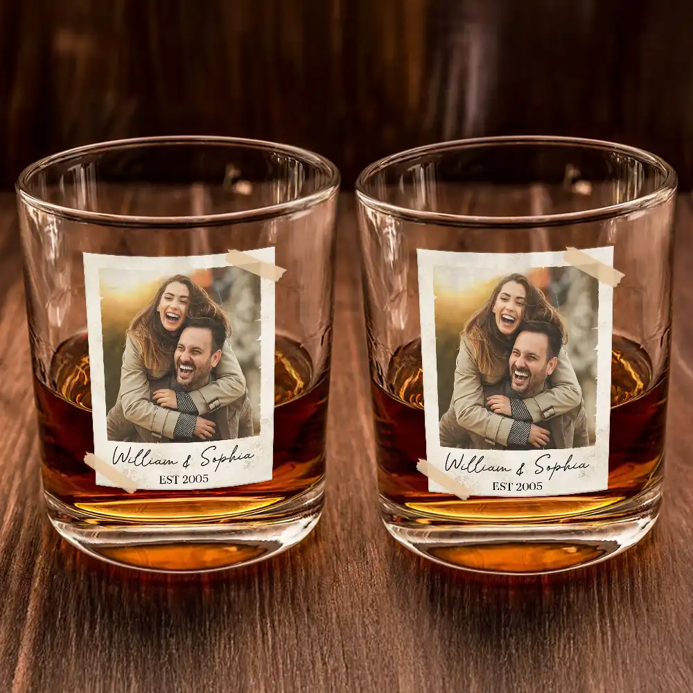 Custom Photo Couple Vintage Polaroid - Personalized Whiskey Glass - Image 2