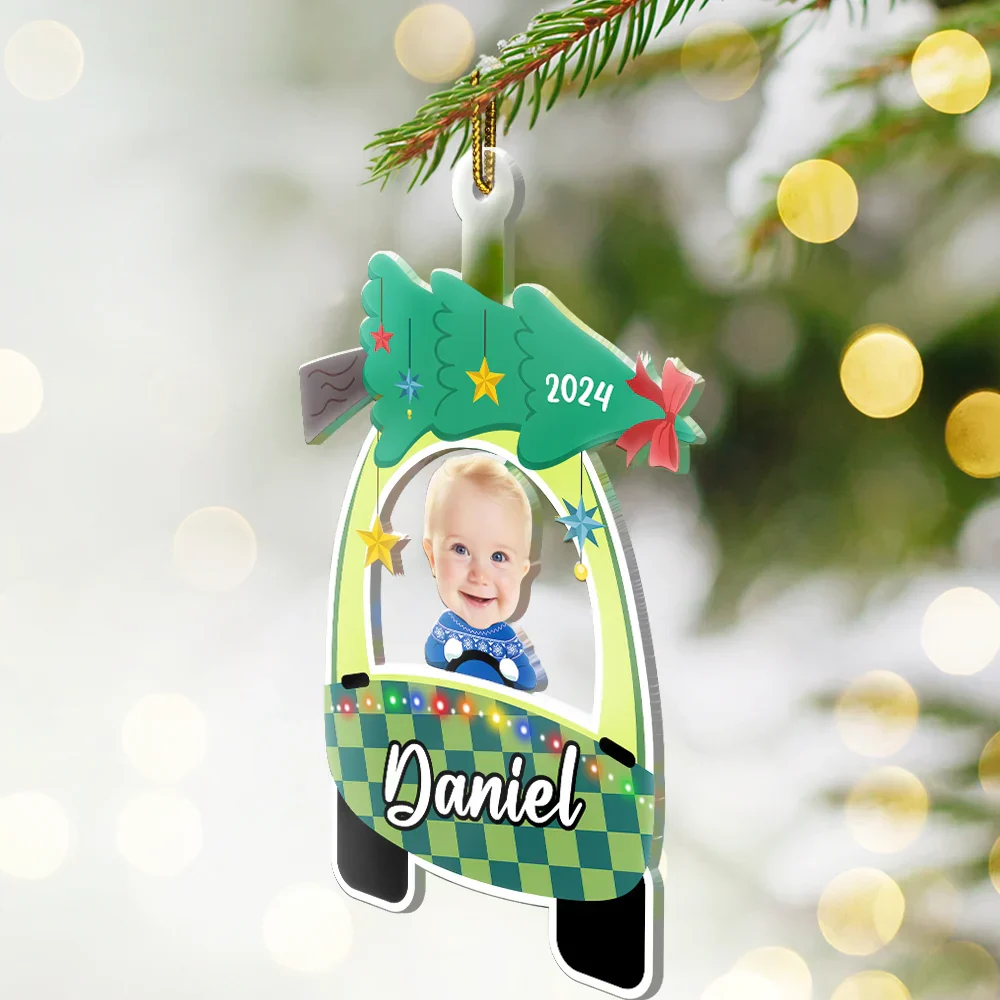 Custom Photo Cute Baby First Christmas Car - Personalized Cutout Acrylic Ornament - Image 3