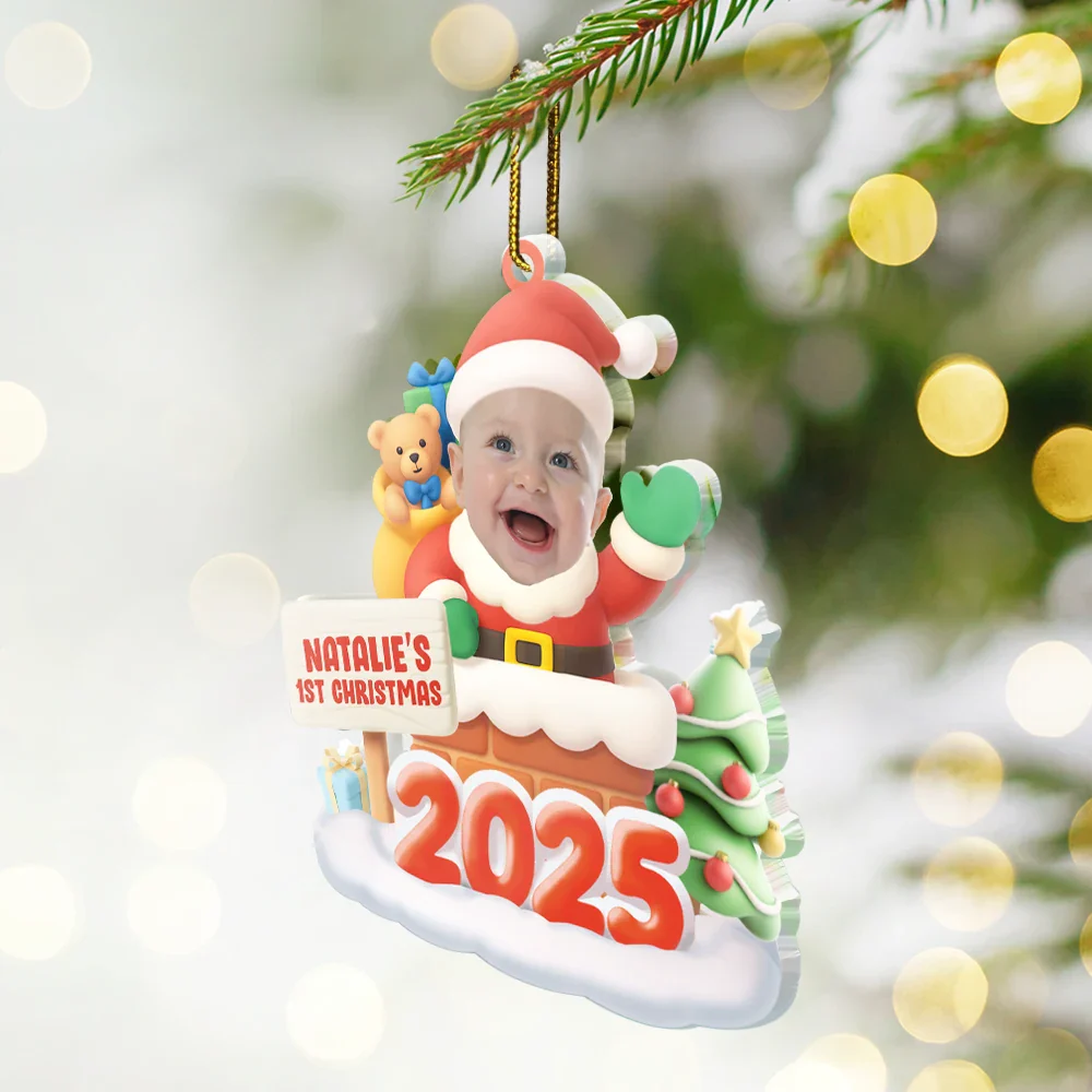 Custom Photo Cute Baby Santa In The Chimney - Personalized Custom Shaped Acrylic Ornament - Image 3