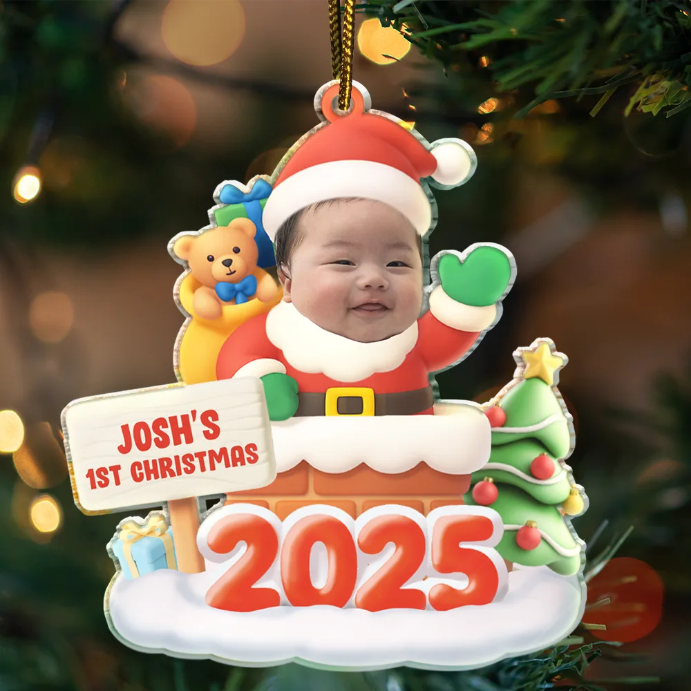 Custom Photo Cute Baby Santa In The Chimney - Personalized Custom Shaped Acrylic Ornament - Image 4